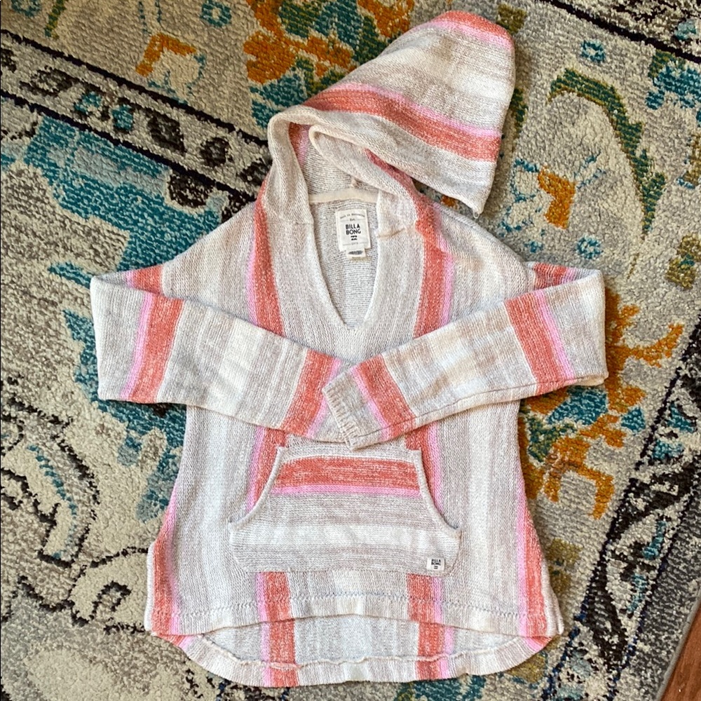 Billabong Pink and Cream V-Neck Hooded Sweater
